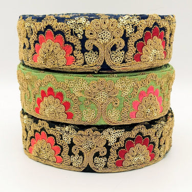 Navy Blue Art Silk Trim With Intricate Floral Embroidery With Sequins, Lace Trim, Indian Lace Trim